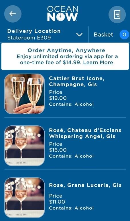 princess cruise champagne rose menu list. room service delivery