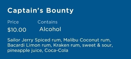tropical cocktails on a princess cruise ship. cruise cocktail ingredients. captain's bounty