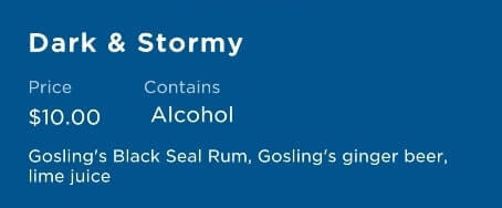 tropical cocktails on a princess cruise ship. cruise cocktail ingredients. dark and stormy