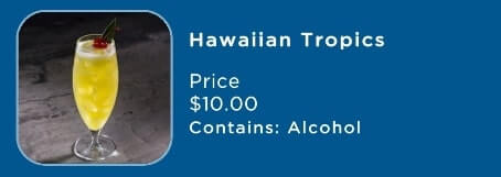 tropical cocktails menu on a princess cruise ship. cruise cocktail menu. hawaiian tropics