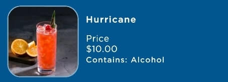 tropical cocktails menu on a princess cruise ship. cruise cocktail menu. hurricane