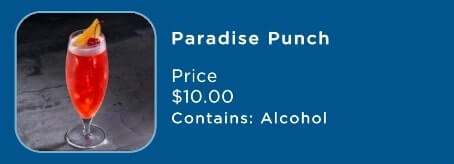 tropical cocktails menu on a princess cruise ship. cruise cocktail menu. paradise punch