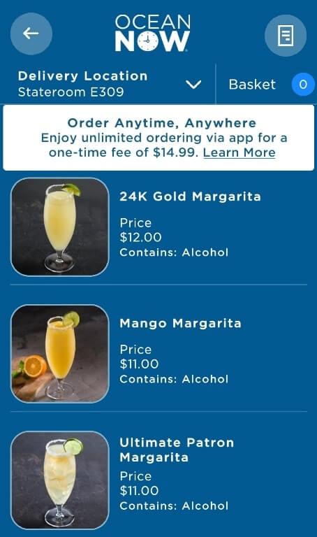 order margarita for room service, princess cruise drinks
