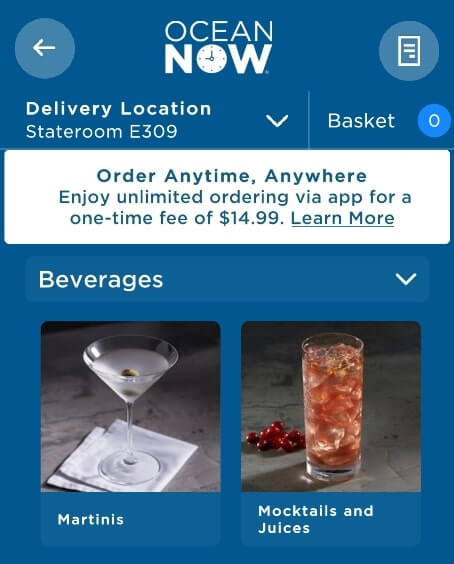 princess cruise martini delivery and room service