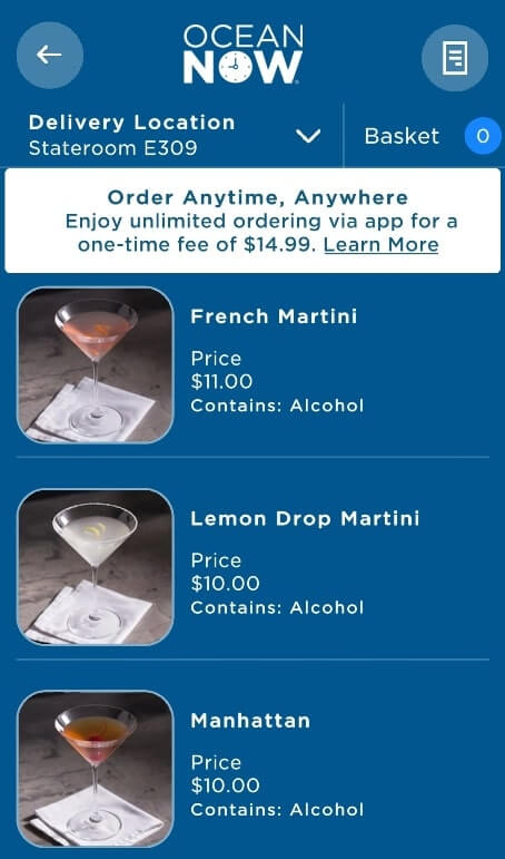 princess cruise martini delivery and room service