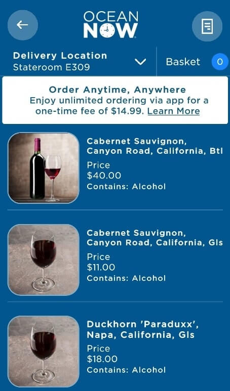 princess cruise red wine menu list. room service delivery