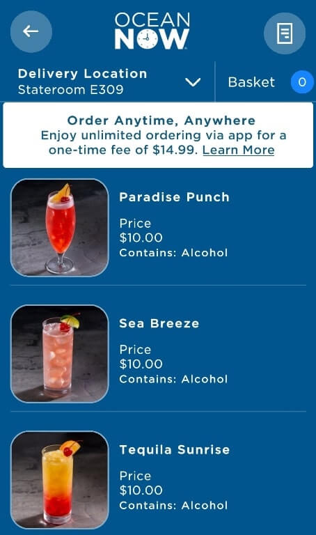 cocktails on a cruise ship. princess cruise cocktail menu for room service and delivery