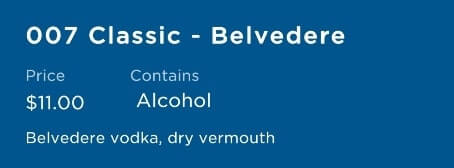 martini menu princess cruise ship. 007 classic belvedere