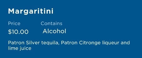 martini menu princess cruise ship. margaritini
