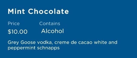 martini menu princess cruise ship. mint chocolate martini