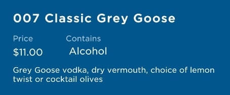martini menu princess cruise ship. 007 classic grey goose