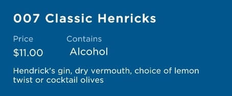 martini menu princess cruise ship. 007 classic hendricks