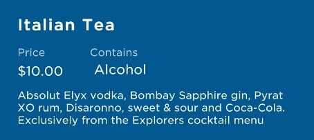 princess cruise signature cocktail menu. italian tea ingredients
