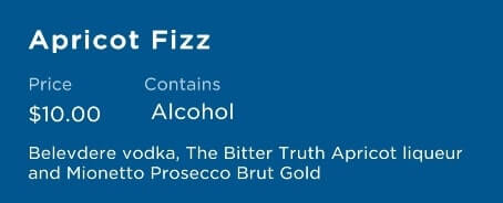 princess cruise signature cocktail menu. beverly hills apricot fizz ingredients