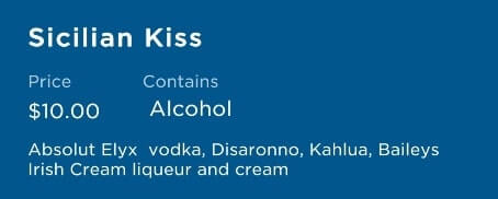 princess cruise signature cocktail menu. sicilian kiss ingredients