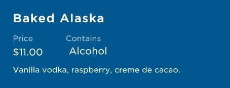 princess cruise signature cocktail menu. beverly hills baked alaska ingredients