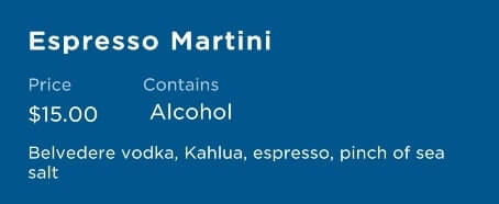princess cruise signature cocktail menu. espresso martini ingredients