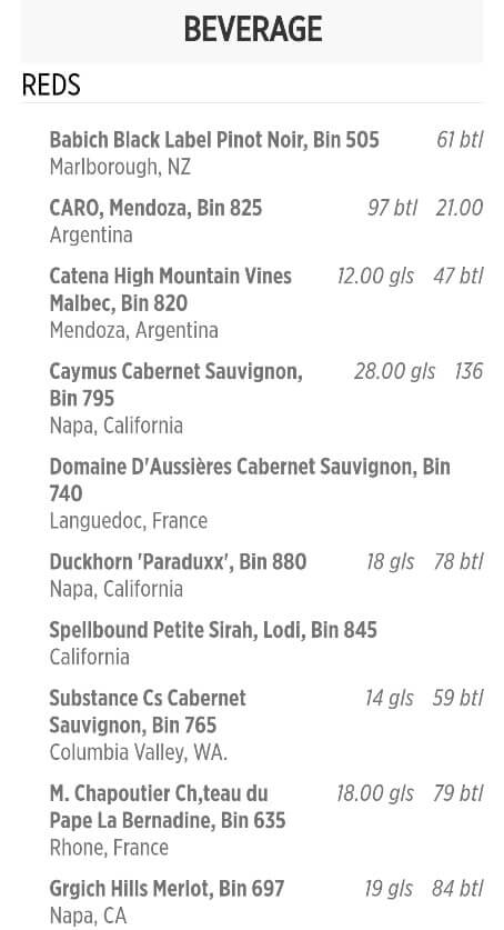 vines wine bar menu princess