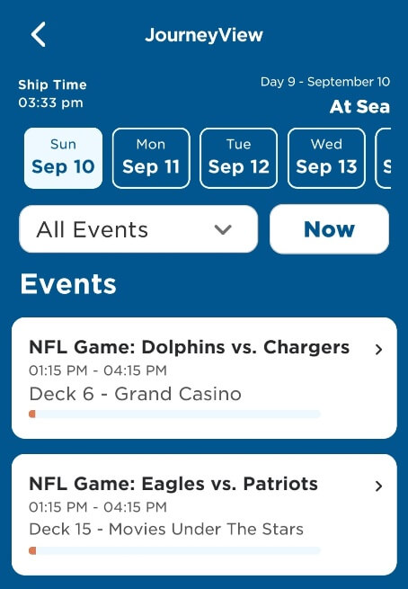 you can watch nfl games on cruise ship on princess cruise. journeyview app