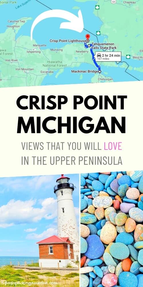 crisp point lighthouse beach. blue rocks. lake superior. michigan road trip map