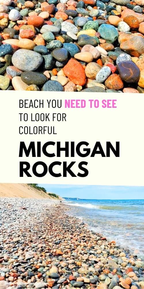 colorful michigan rocks and stones. lake superior beach near pictured rocks sand dunes. sable falls trail beach.