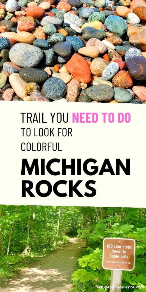 colorful michigan rocks and stones. lake superior beach in pictured rocks. sable falls trail beach.