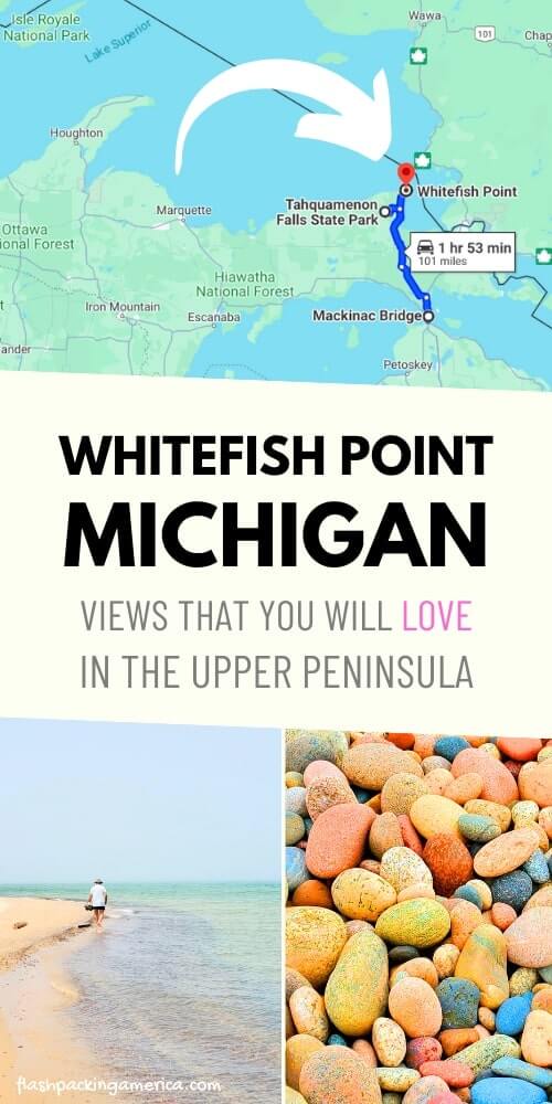 whitefish point lighthouse beach. lake superior. michigan road trip map