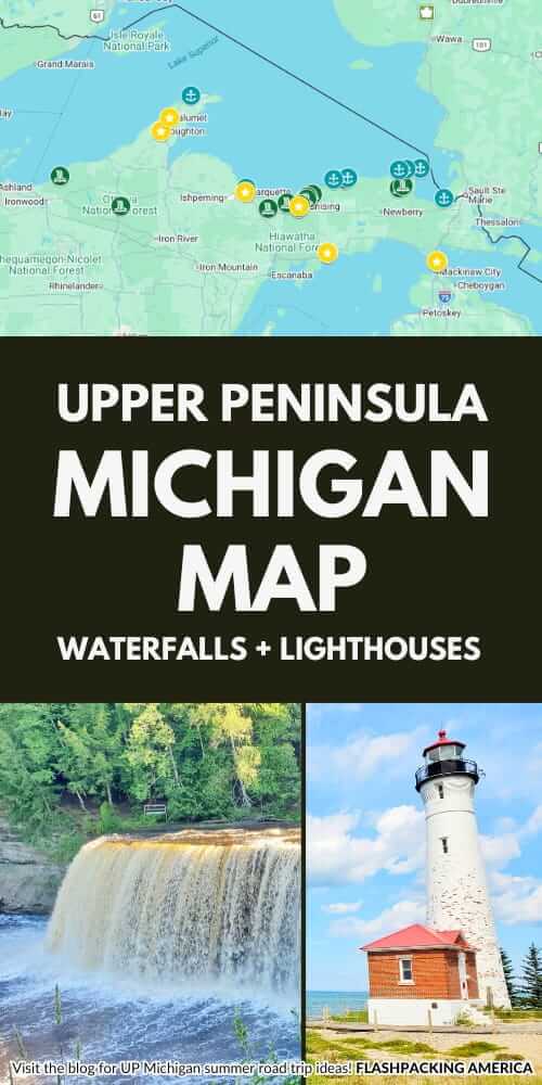 map of upper peninsula waterfalls and lighthouses